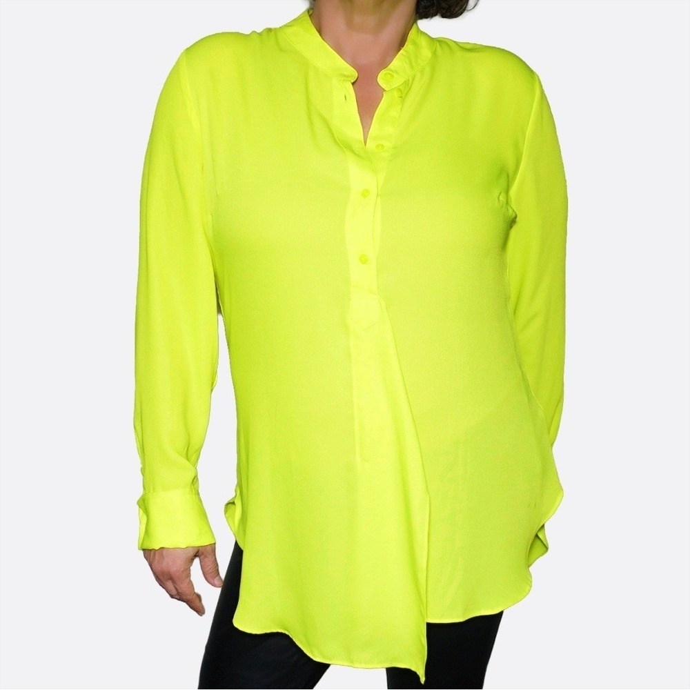 Sheer Neon Yellow High-Low Tunic Blouse L XL 1X 12 14 Long Sleeve Statement Top